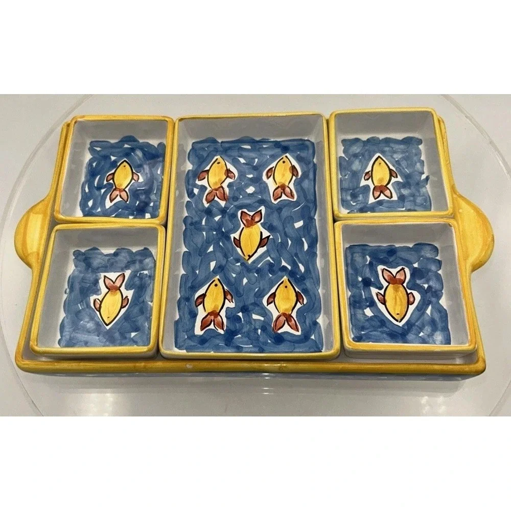 Vtg Donacer Portugal Hand painted Swimming Fish Caddy W/ Removable Trays #455